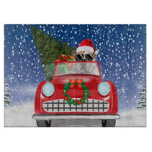 Englisch Bulldog Autofahren Auto in Schnee Weihnac Schneidebrett (Vorderseite)