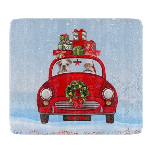 Englisch Bulldog in Car mit dem Weihnachtsmann Schneidebrett (Vorderseite)