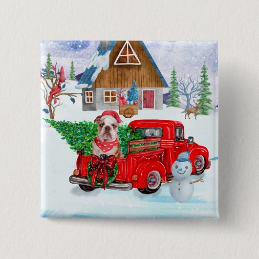 Englisch Bulldog in Christmas Delivery LKW Schnee Button (Vorderseite)