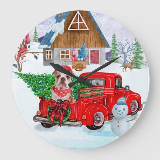 Englisch Bulldog in Christmas Delivery LKW Schnee Große Wanduhr (Vorderseite)