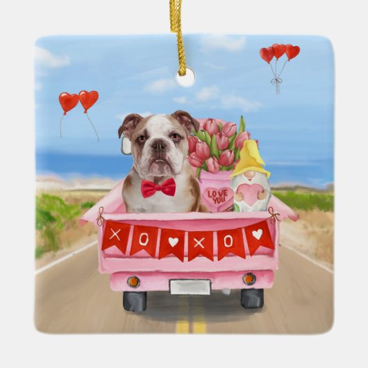 Englisch Bulldog Valentine's Day Lkw Herz Keramikornament (Vorderseite)