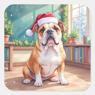 Englisch Bulldogge Lehrer Klassenzimmer Santa Hut Quadratischer Aufkleber