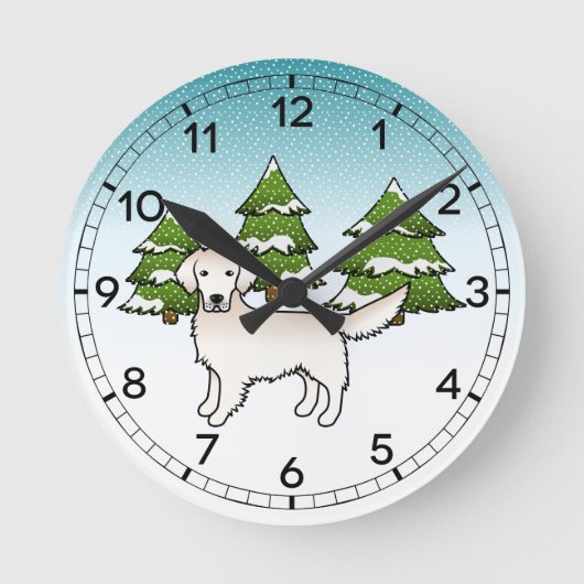 Englisch Cream Golden Retriever im Winter & Bäume Runde Wanduhr (Vorderseite)