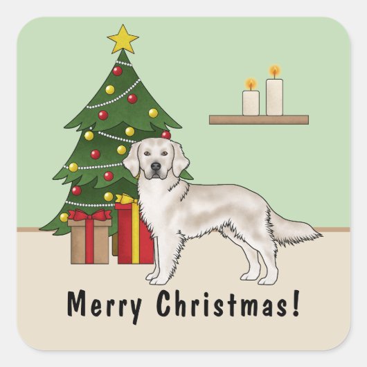 Englisch Cream Golden Retriever mit Weihnachtsbaum Quadratischer Aufkleber (Vorderseite)