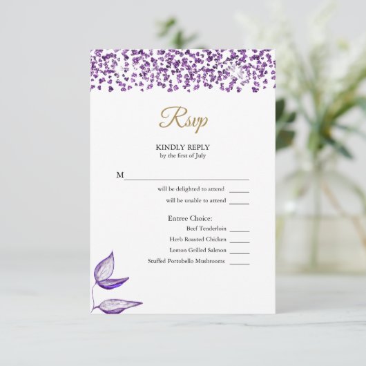 Englisch - Español Amethyst Glitzer Brillo de amat RSVP Karte (Stehend Vorderseite)