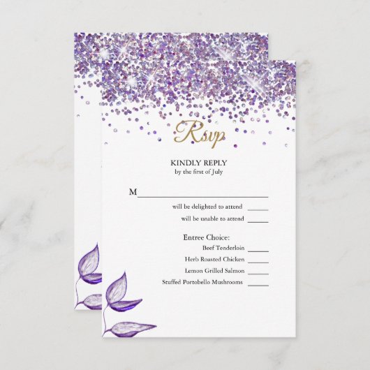 Englisch - Español Lila Glitzer Purpurina Morada RSVP Karte (Vorne/Hinten)