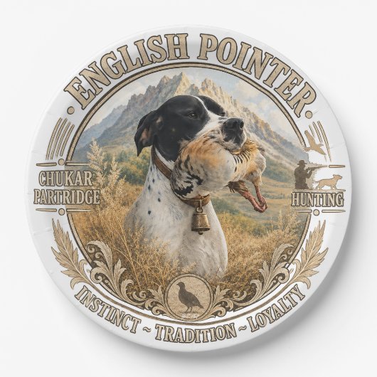Englisch Pointer Jagd ,Chukar Rebhuhn Pappteller (Vorderseite)
