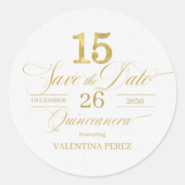Englisch Quinceanera Save the Date in Gold Runder Aufkleber