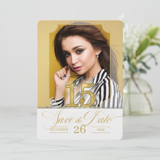 Englisch Quinceanera Save the Date in Golden Hues (Stehend Vorderseite)