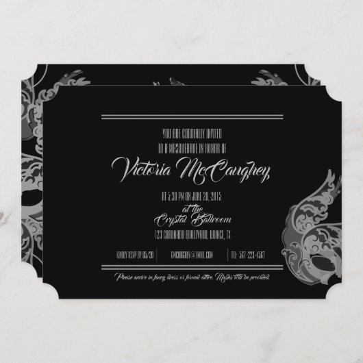 ENGLISCH Quinceñera MASQUERADE Schwarz-weiße Eintr Einladung (Vorne/Hinten)