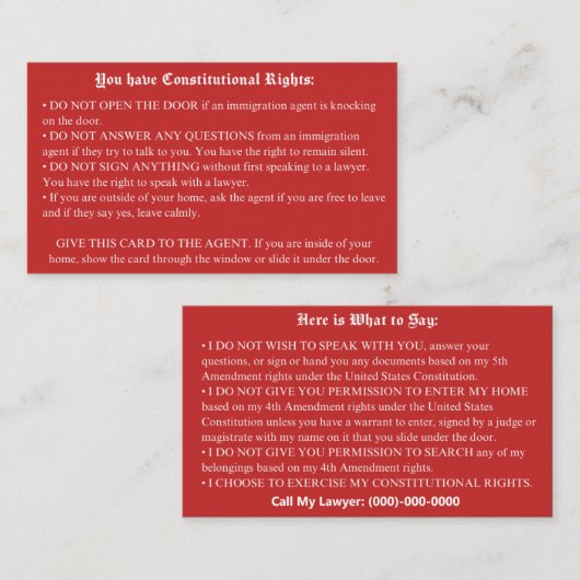 Englisch Red Card - Immigration Rights Card Visitenkarte (Vorne/Hinten)