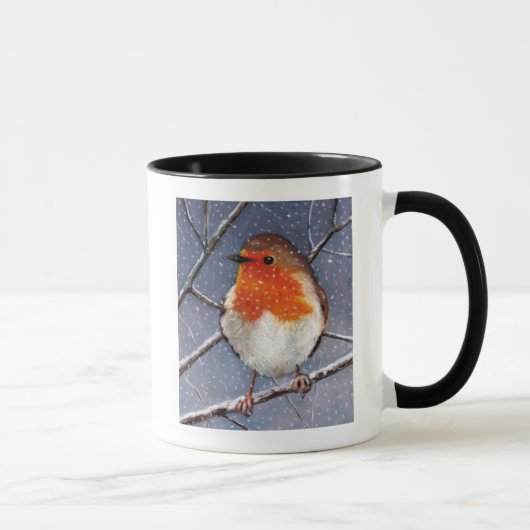 ENGLISCH ROBIN IM SCHNEE: ÖL-PASTELL-KUNST TASSE (Rechts)