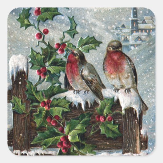 Englisch Robins on Fence Antique Christmas Quadratischer Aufkleber (Vorderseite)