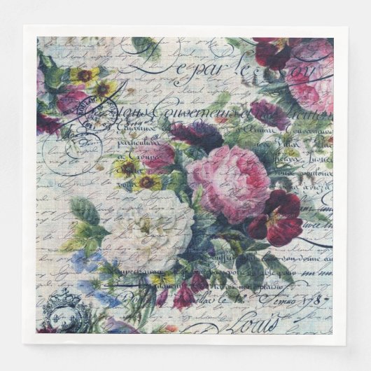 Englisch Rose Florals Ephemerial Writing Decoupage Serviette (Vorderseite)