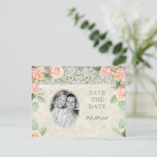 Englisch Rose & Silver Save the Date Postkarte (Stehend Vorderseite)