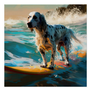 Englisch Setter Strand Surfen Malerei Poster