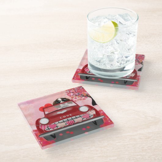 Englisch Springer Spanisch Car Hört Valentins Glasuntersetzer (Schrägansicht)