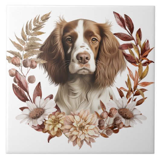 Englisch Springer Spanisch Dog Herbstkranz Fliese (Vorderseite)
