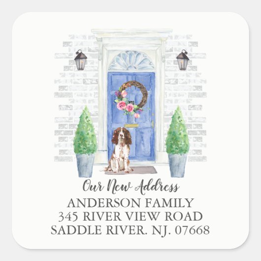 Englisch Springer Spanisch Door New Address Label Quadratischer Aufkleber (Vorderseite)