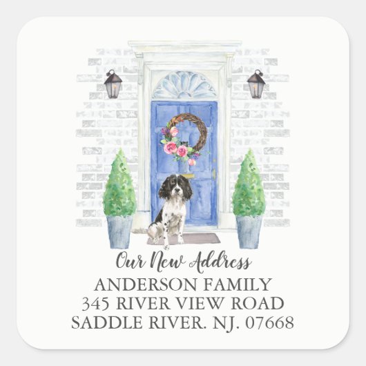 Englisch Springer Spanisch Door New Address Label Quadratischer Aufkleber (Vorderseite)