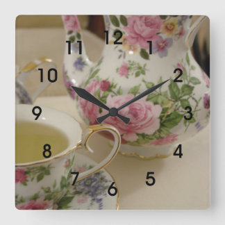 Englische Blumenteekanneteacup-Wand Clcok Quadratische Wanduhr
