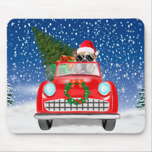 Englische Bulldogge fährt Auto im Schnee Weihnacht Mousepad