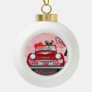 Englische Bulldogge fährt Auto mit Herzen Valentin Keramik Kugel-Ornament