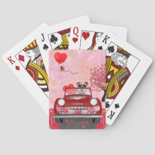 Englische Bulldogge fährt Auto mit Herzen Valentin Spielkarten