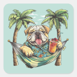 Englische Bulldogge in hawaiianischem Oberteil Quadratischer Aufkleber