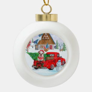 Englische Bulldogge in Weihnachtslieferwagen Schne Keramik Kugel-Ornament