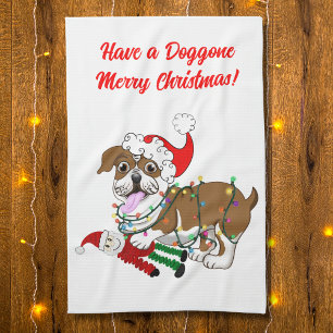 Englische Bulldogge mit Weihnachtsbeleuchtung Lang Geschirrtuch