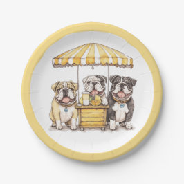 Englische Bullhunde laufen auf einer Limonade Pappteller