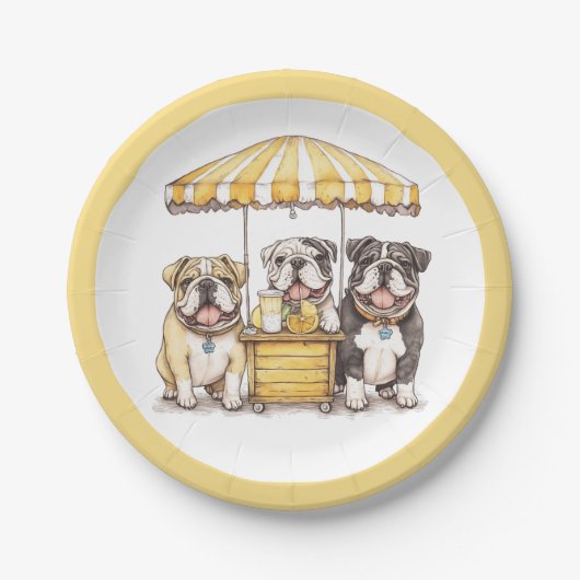 Englische Bullhunde laufen auf einer Limonade Pappteller (Vorderseite)