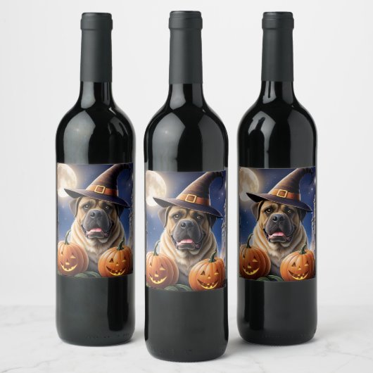 Englische Dogge Mastiff Halloween Weinetikett (Flaschen)