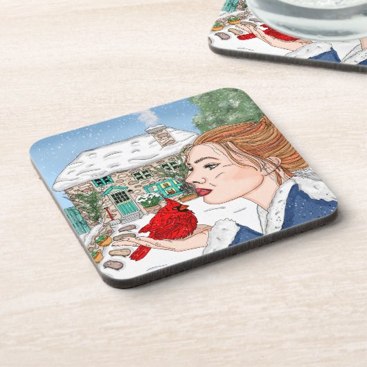 Englische Hütte und Kardinal in Handschrift Getränkeuntersetzer (Linke Seite)