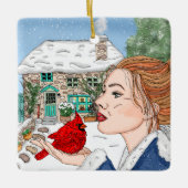 Englische Hütte und Kardinal in Handschrift Keramikornament (Vorderseite)