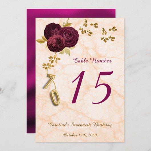 Englische Rose 70. Geburtstag Tischnummer (Vorne/Hinten)