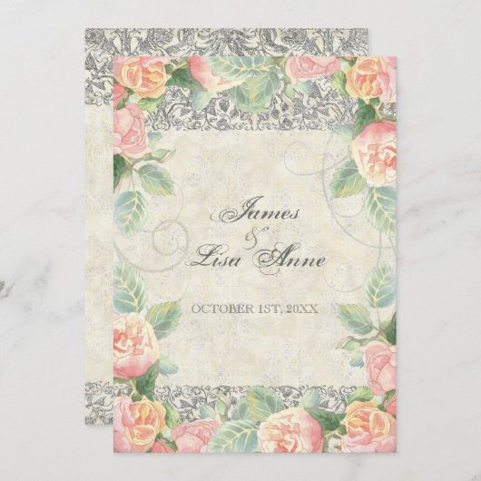 Englische Rose, Peach & Silver Wedding Einladung (Vorne/Hinten)