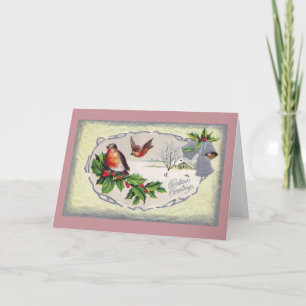 Englische Rotkehlchen und silbernes Vintages Feiertagskarte