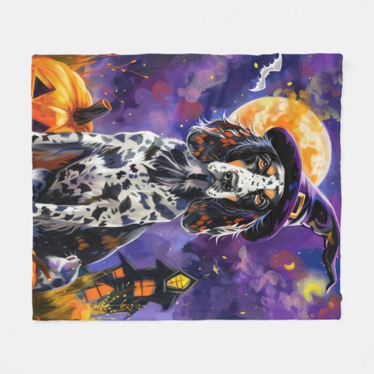 Englische Setter Hund Halloween Hexe und Kürbis Fleecedecke (Vorderseite (Horizontal))