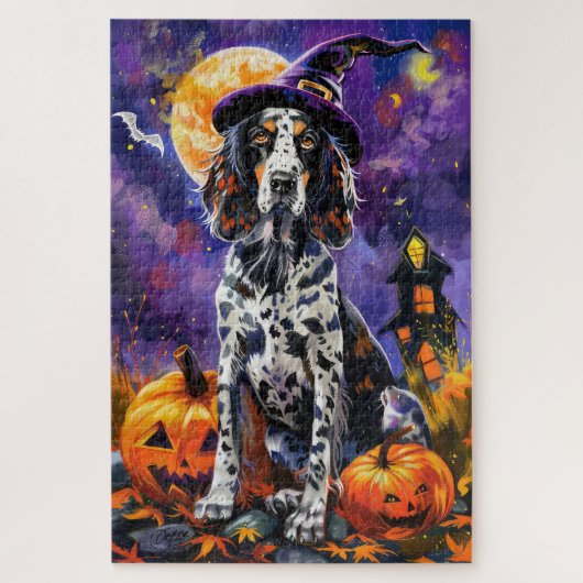 Englische Setter Hund Halloween Hexe und Kürbis Puzzle (Vertikal)