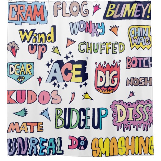 Englische Wörter lang, doodle Buchstaben Duschvorhang (Vorderseite)