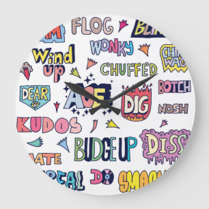 Englische Wörter lang, doodle Buchstaben Große Wanduhr
