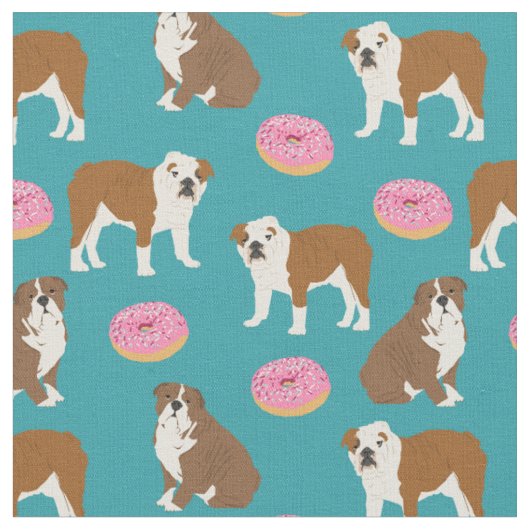 Englischer Bulldog Donuts Türkis Stoff (Nahaufnahme)