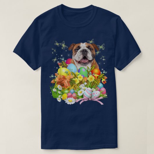 Englischer Bulldog Hund mit Ostereier-Körbchen T-Shirt (Design vorne)