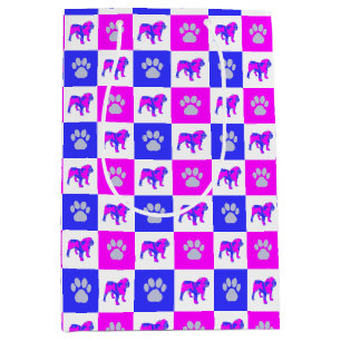 Englischer Bulldog Hund & Paw Hot Pink & Blue Mittlere Geschenktüte