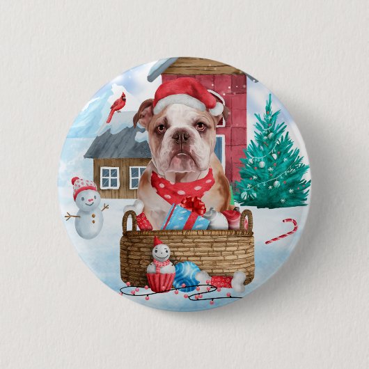 Englischer Bulldog im Schnee Weihnachts-Hundehaus Button (Vorderseite)