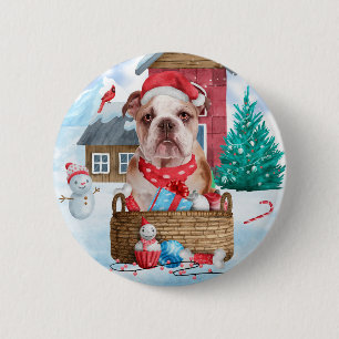 Englischer Bulldog im Schnee Weihnachts-Hundehaus Button
