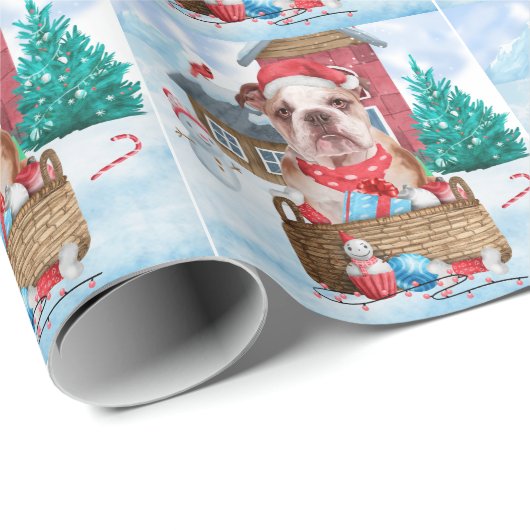 Englischer Bulldog im Schnee Weihnachts-Hundehaus Geschenkpapier (Rolleneckpunkt)