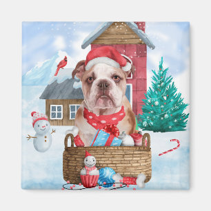 Englischer Bulldog im Schnee Weihnachts-Hundehaus Magnet